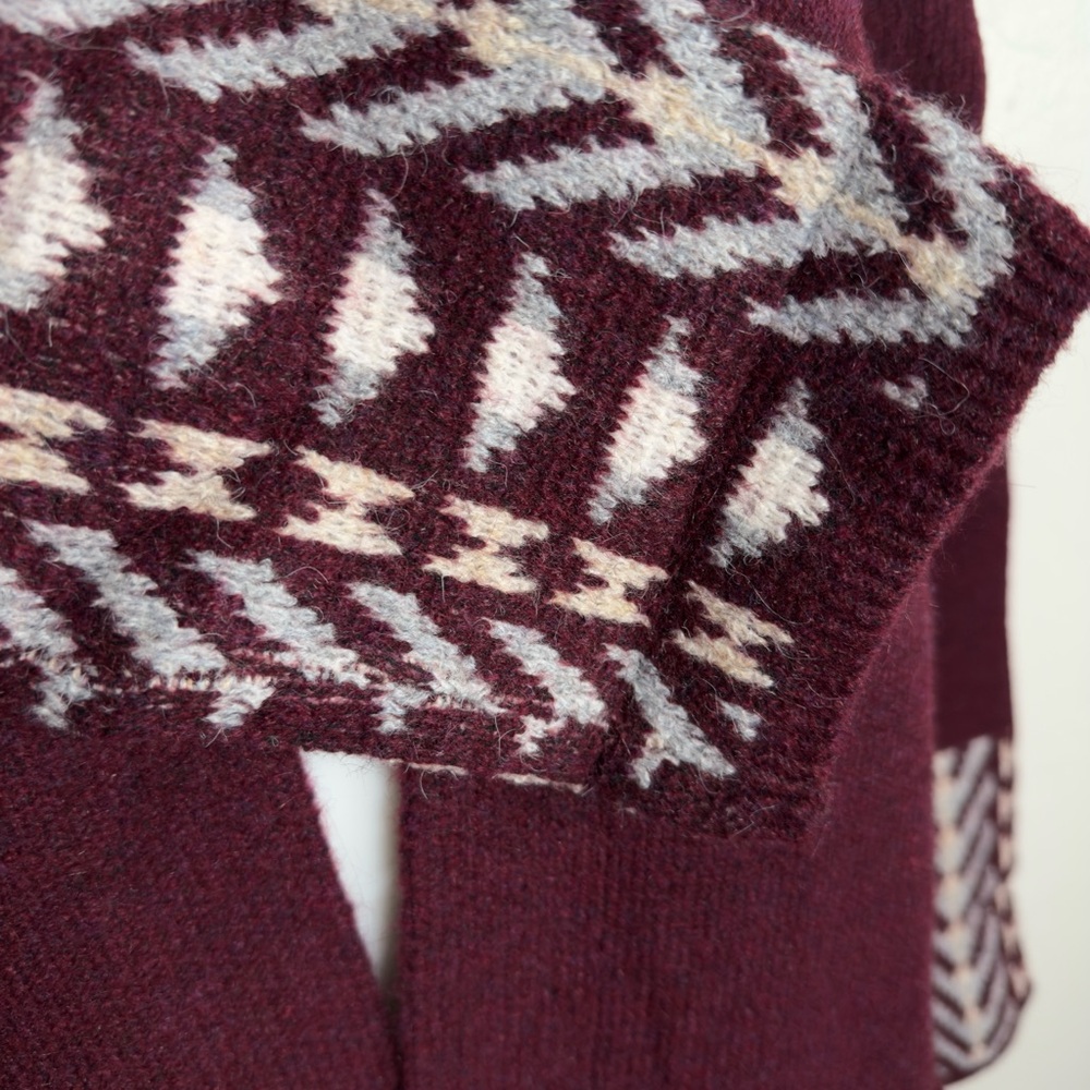 New Frye New Cozy Geometric Open Front Burgundy White Cardigan Size L - Picture 7 of 10